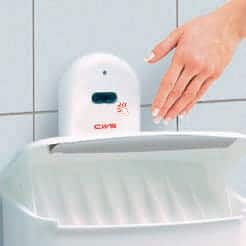 Hygienebehälter - Non-Touch weiß mit Hand - für die umweltfreundliche Entsorgung von Hygieneartikeln im günstigen Mietservice von CleanUp