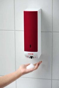 Schaumseifenspender Paradise Foam NT Non-Touch berührungslos mit Sensor rot mit Hand Spenderbenutzung