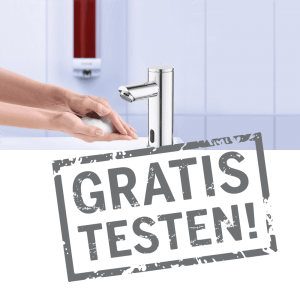 Hinweis - Kostenloser Test unserer Spendersysteme - waschende Hände mit Seife - CleanUp-Mietservice