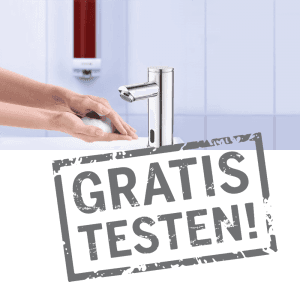 Hinweis - Kostenloser Test unserer Spendersysteme - waschende Hände mit Seife - CleanUp-Mietservice