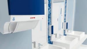 Waschraum mit blauen Spenderelementen