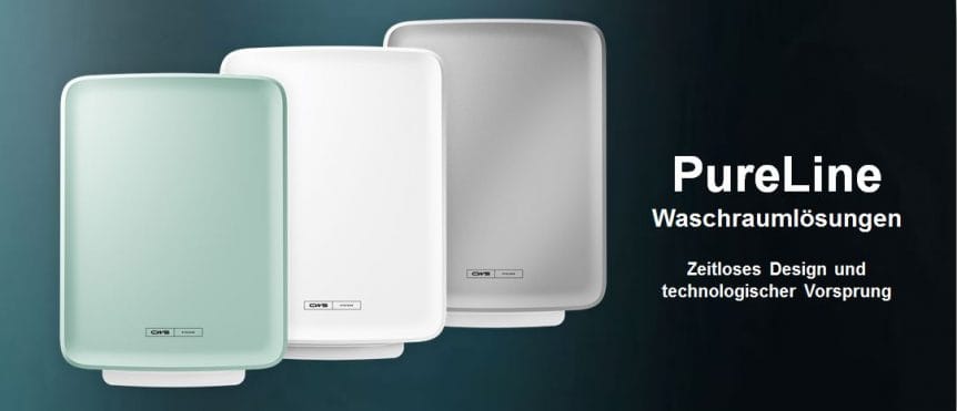 Spenderserie PureLÖine Abb. zeigt 3 Stoffhandtuchspender, gestaffelt in den Farben mint, weiß und silber