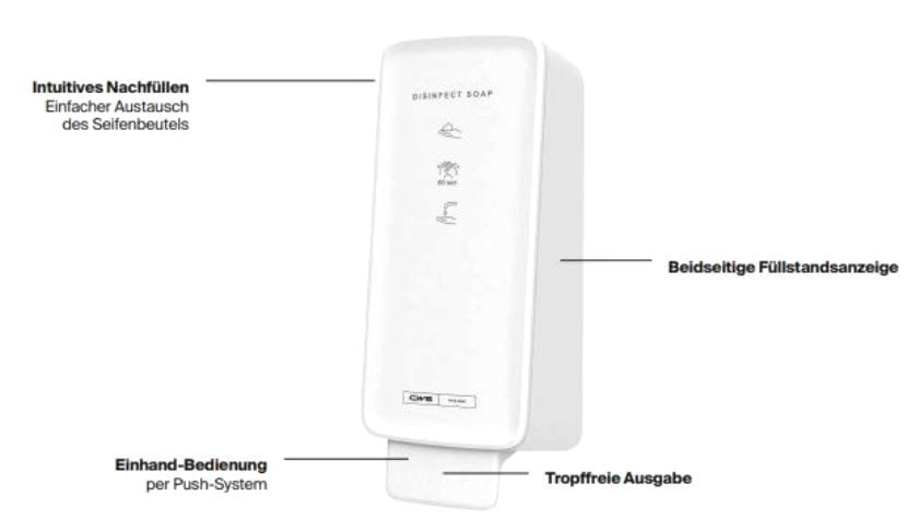 Grafik PureLine Seifenspender Disinfect Foam - antibakteriell - mit Funktionsbeschreibung - Spender für eine nachhaltige Handhygiene