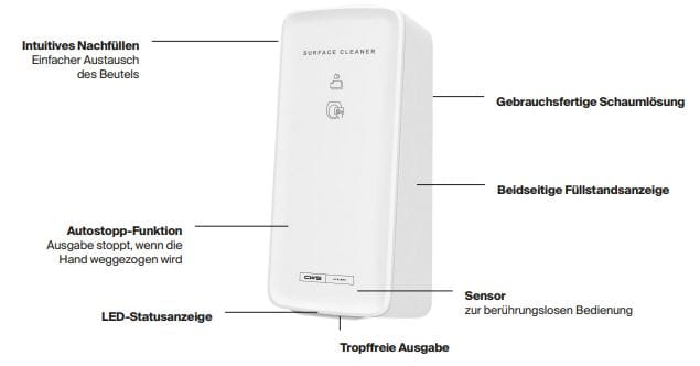 Grafik: Flächen-Desinfektionsspender und Oberflächenreiniger PureLine Surface Cleaner NT - mit komfortablen Funktionen ausgestattet - Schaumspender im günstigen CleanUp-Mietservice