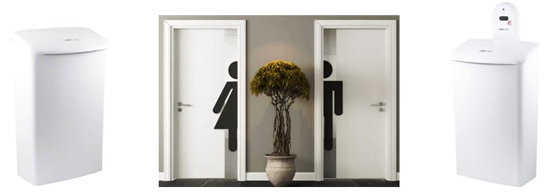 Grafik: Zusammenstellung von div. Hygieneboxen-Abbildungen - mittig Abb. Damen- und Herren WC