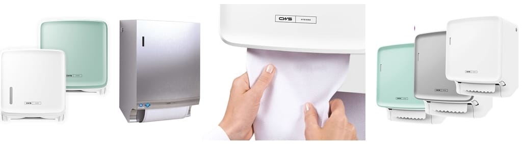 CleanUp-Grafik: Zusammenstellung von div. CWS-Handtuchspendern , CWS Purline Paperroll, CWS Paradise Dry Slim, CWS Paradie Stainless Steel Dry Slim