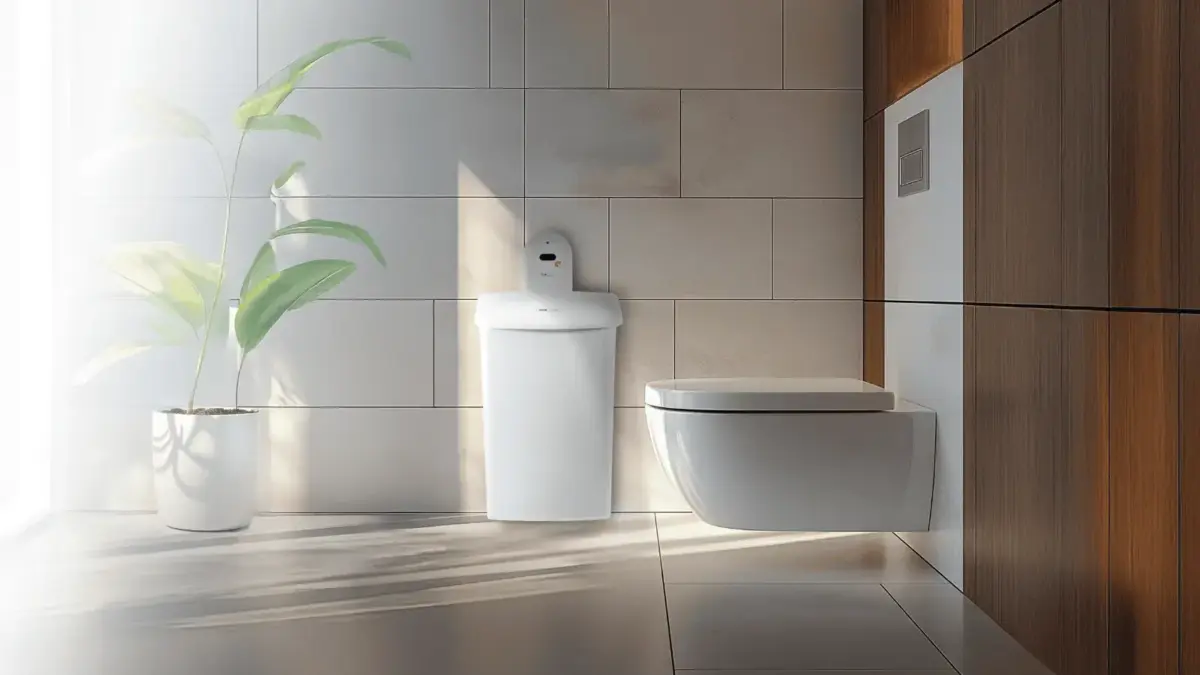 Foto zeigt Teil einer Toilette mit WC-Sitz, Hygienebox und Grünpflanze
