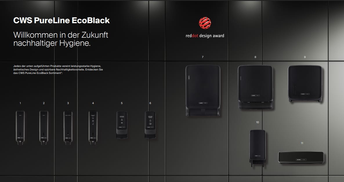 Abbbildung zeigt komplette CWS-Spenderserie PureLine EcoBlack - Spenderserie aus recyceltem Kunststoff - nachhaltige Hygienespender - Waschraumlösungen mieten - Full-Service Hygienekonzept von CleanUp